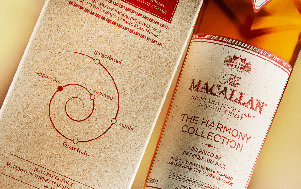 תקריב תווית בקבוק ומארז Macallan harmony collection